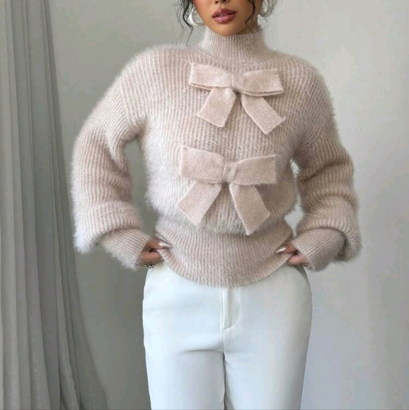 Women's Solid Color Stand Collar Bow Decor Sweater,Casual And Fashionable - Picture 1 of 5